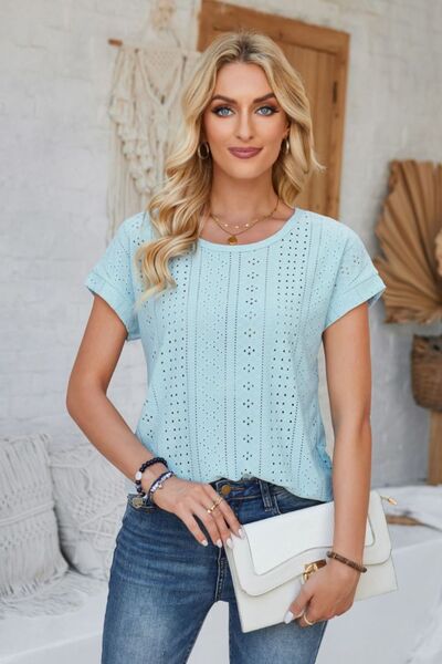 Amara Eyelet Round Neck Rolled Short Sleeve T-Shirt