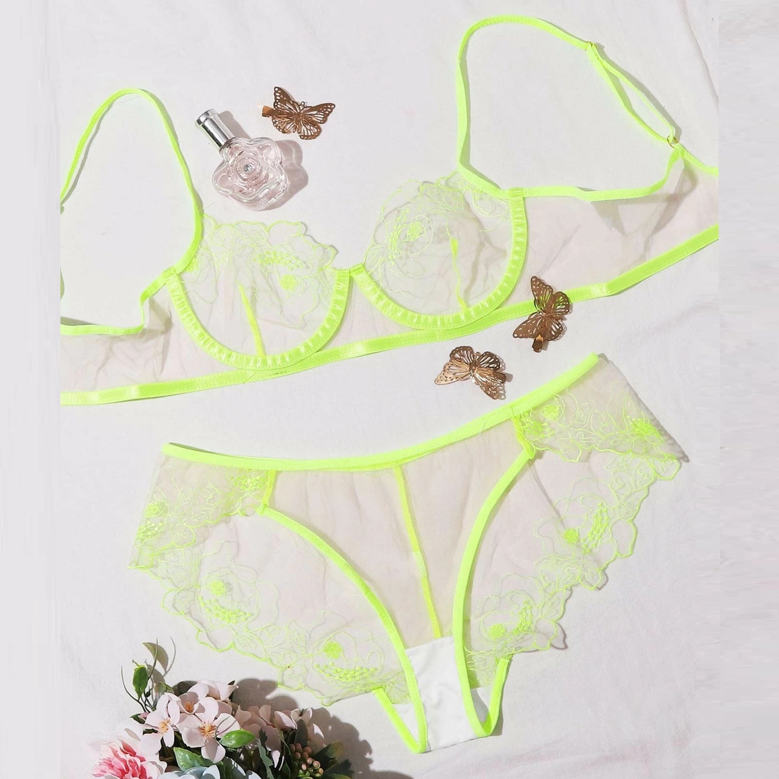 Hilda - Mesh Embroidery Sheer Lingerie Set