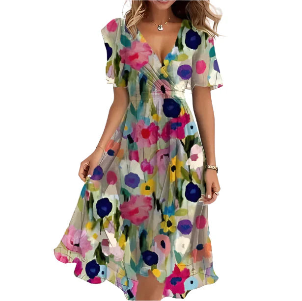 Mary - Mid-length floral print portfolio dress with V-neck for women