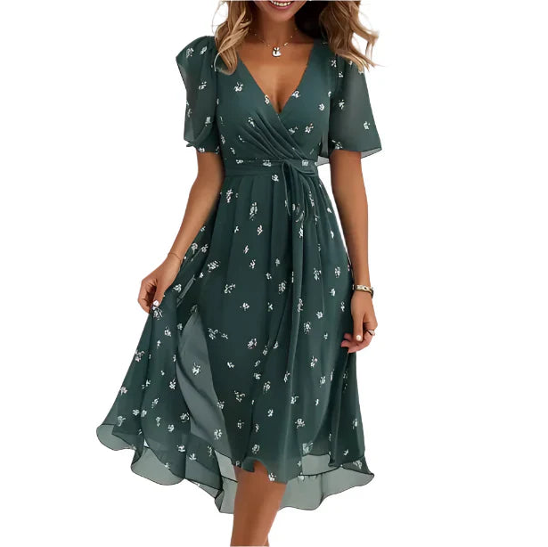 Mary - Mid-length floral print portfolio dress with V-neck for women