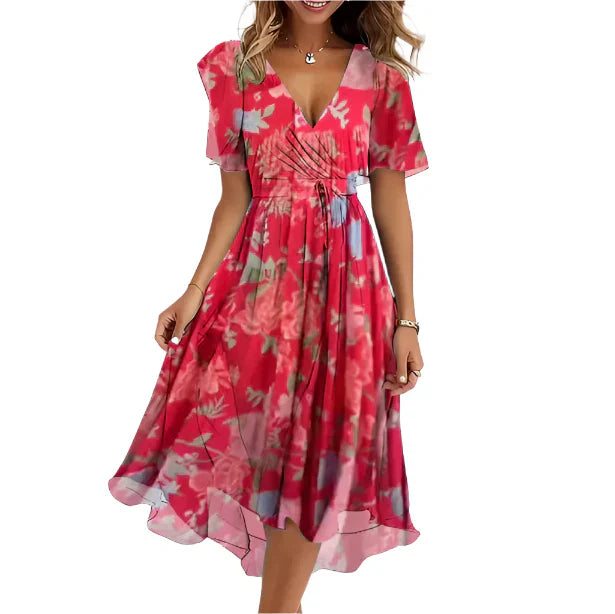 Mary - Mid-length floral print portfolio dress with V-neck for women