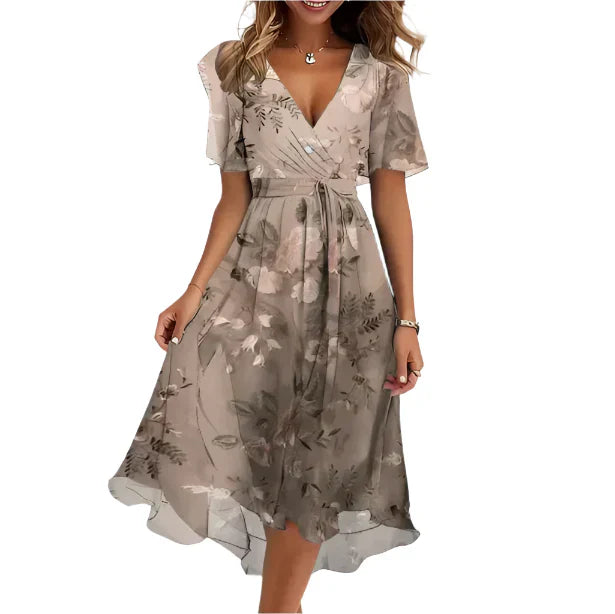 Mary - Mid-length floral print portfolio dress with V-neck for women