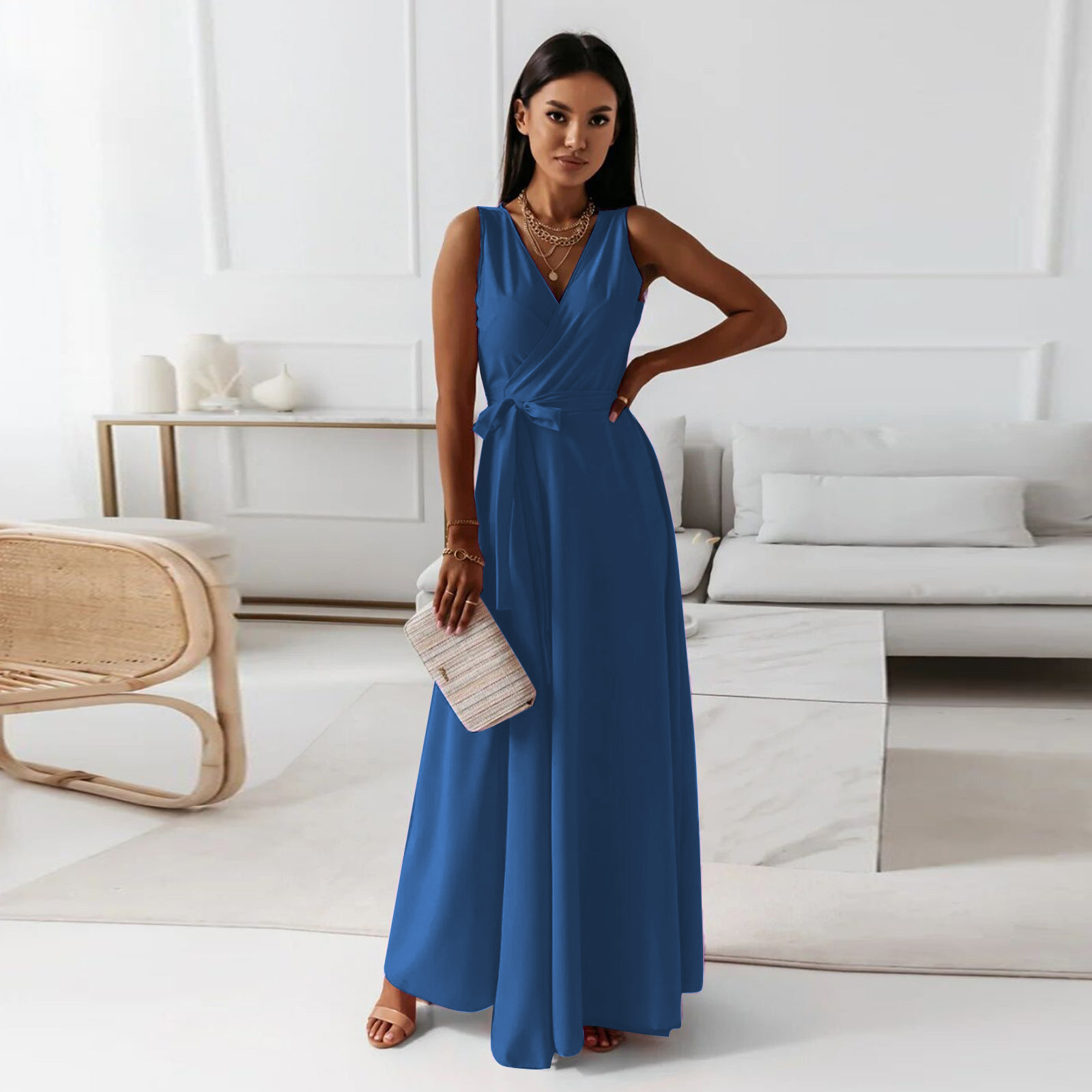 Dana - Solid Long Dress with V-Neck for Women