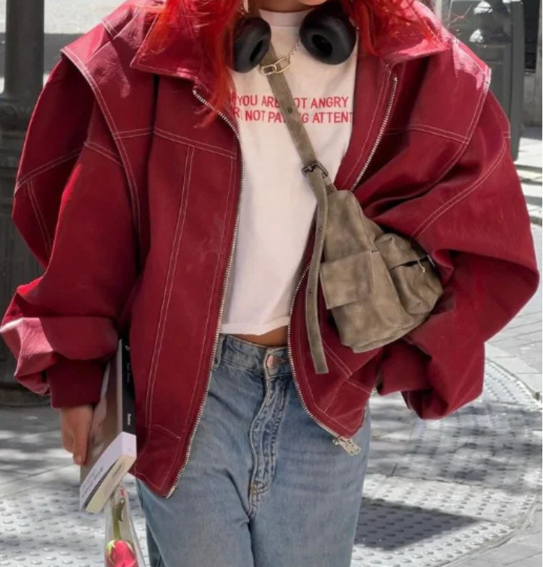 Oversized Jacket with Contrast Stitching Red