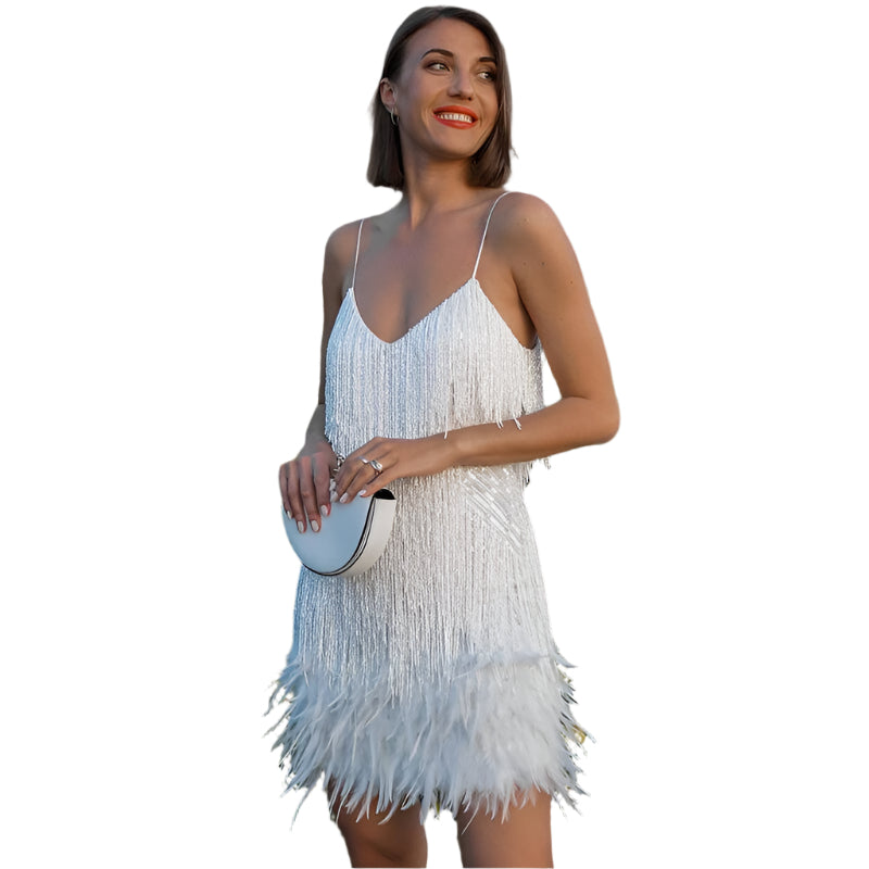 Franceska - Glamorous Fringe and Feather Mini Dress