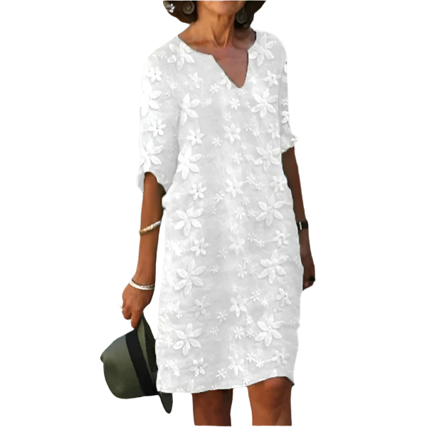 Flowery knee-length dress with three-quarter sleeves – Elegant and casual style