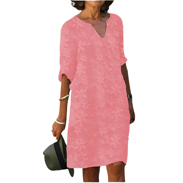 Flowery knee-length dress with three-quarter sleeves – Elegant and casual style