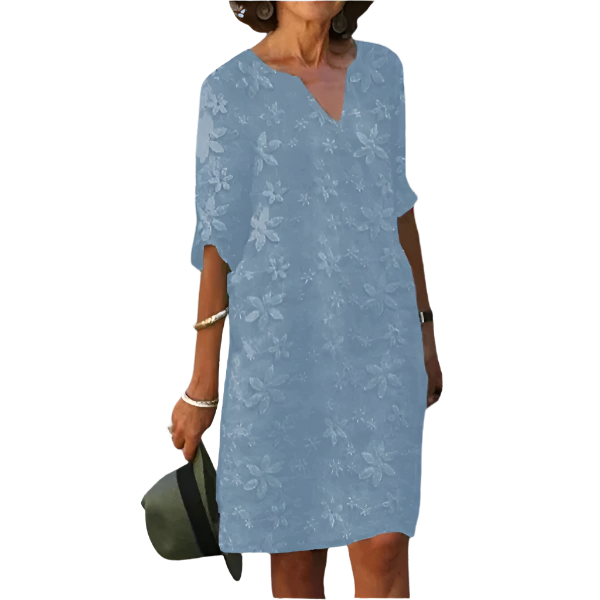 Flowery knee-length dress with three-quarter sleeves – Elegant and casual style