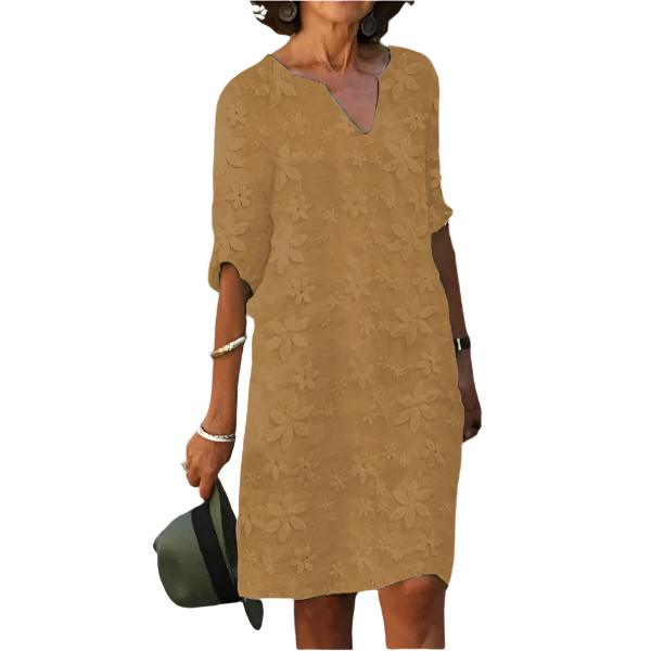 Flowery knee-length dress with three-quarter sleeves – Elegant and casual style