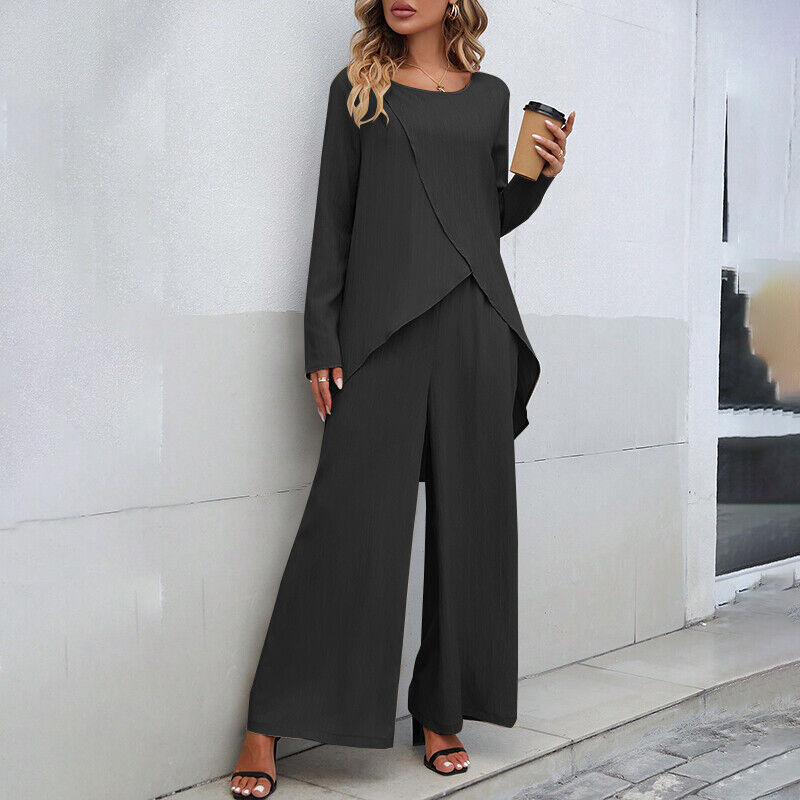 Precy | Elegant Women's Long Sleeve Top with Wide Bottom Trouser Set