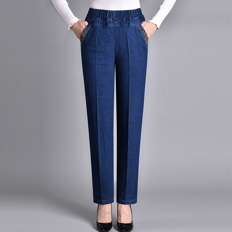 Jeans with side pockets and full elastic waistband