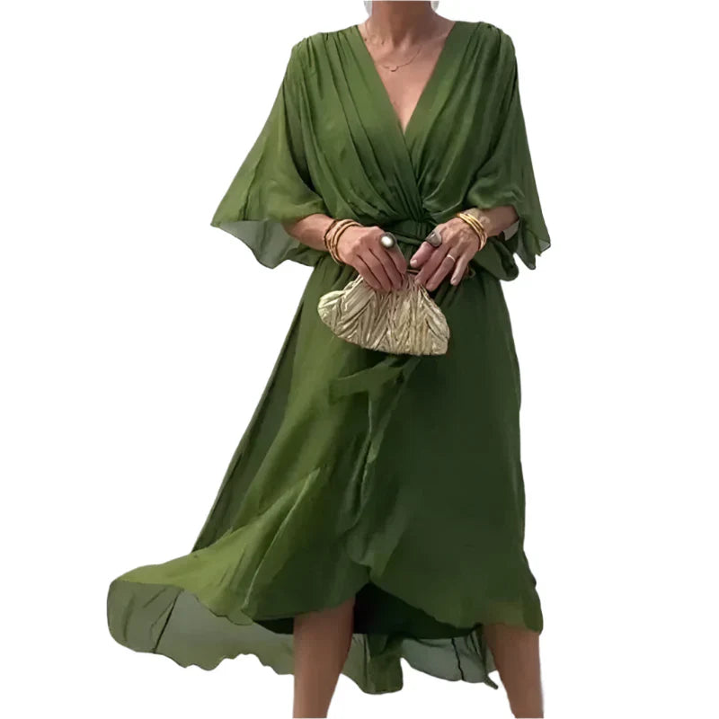 Laurie - Midi Wrap Dress with Flowy Sleeves and Elegant Waist Details