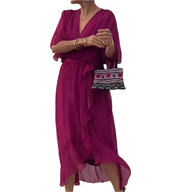 Laurie - Midi Wrap Dress with Flowy Sleeves and Elegant Waist Details