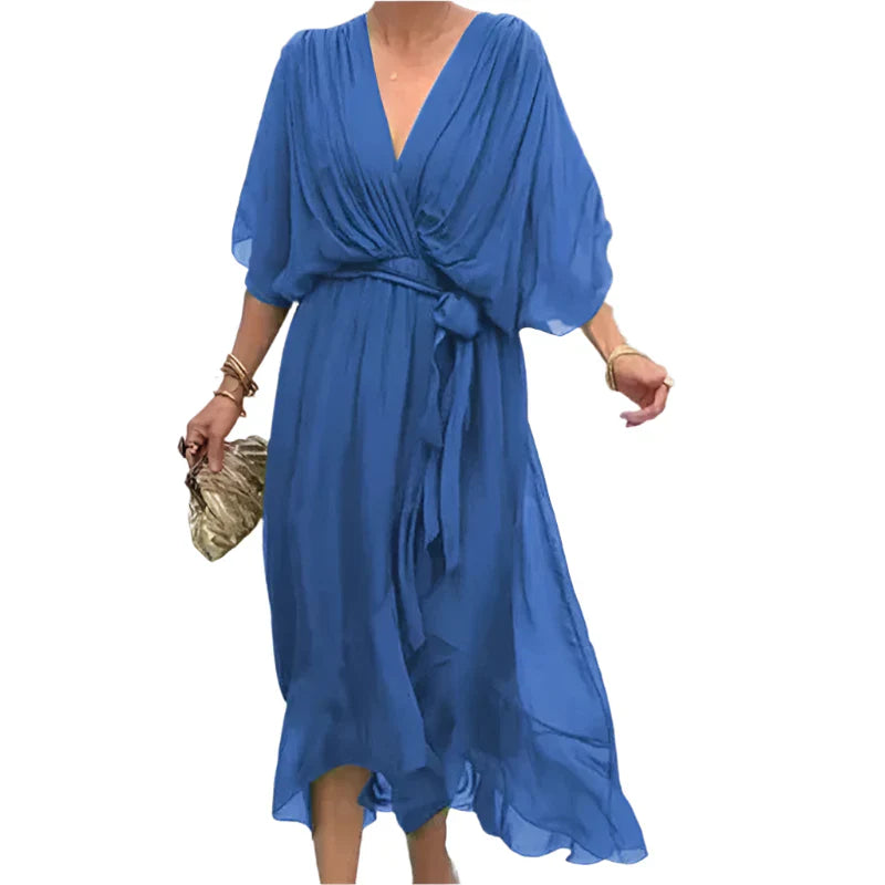 Laurie - Midi Wrap Dress with Flowy Sleeves and Elegant Waist Details