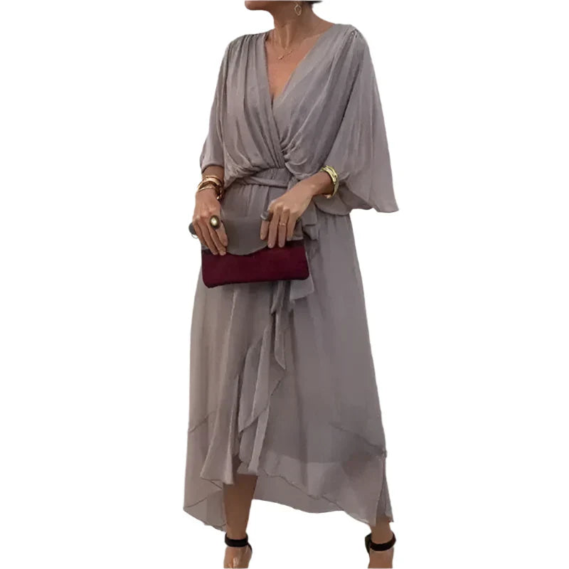 Laurie - Midi Wrap Dress with Flowy Sleeves and Elegant Waist Details