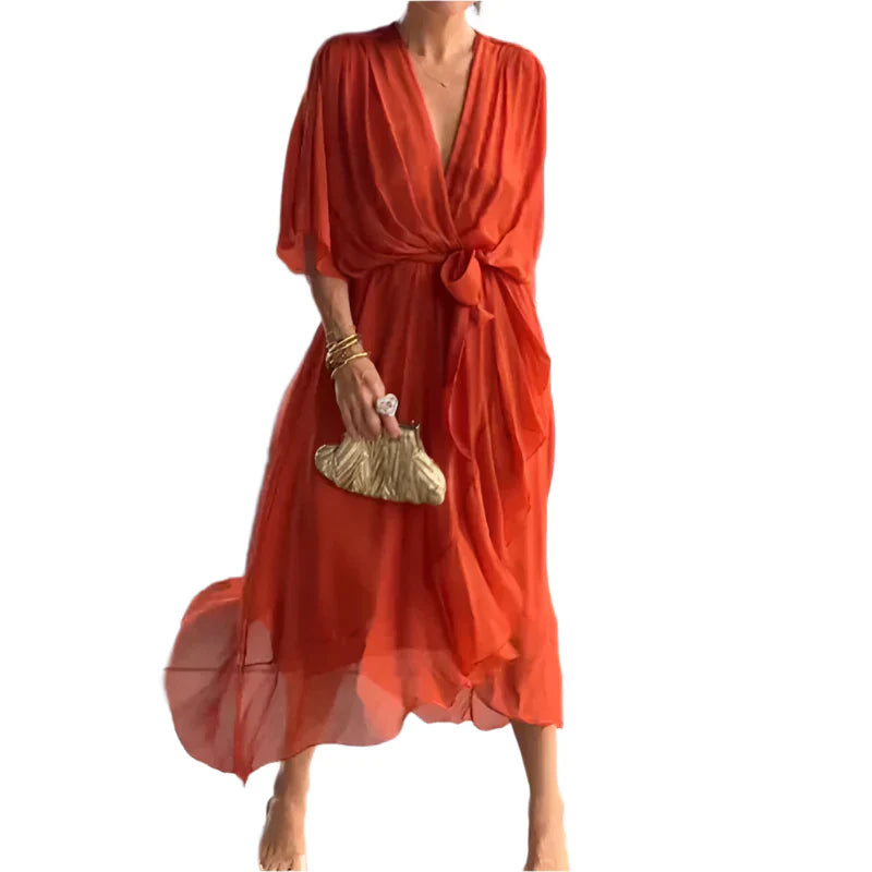 Laurie - Midi Wrap Dress with Flowy Sleeves and Elegant Waist Details