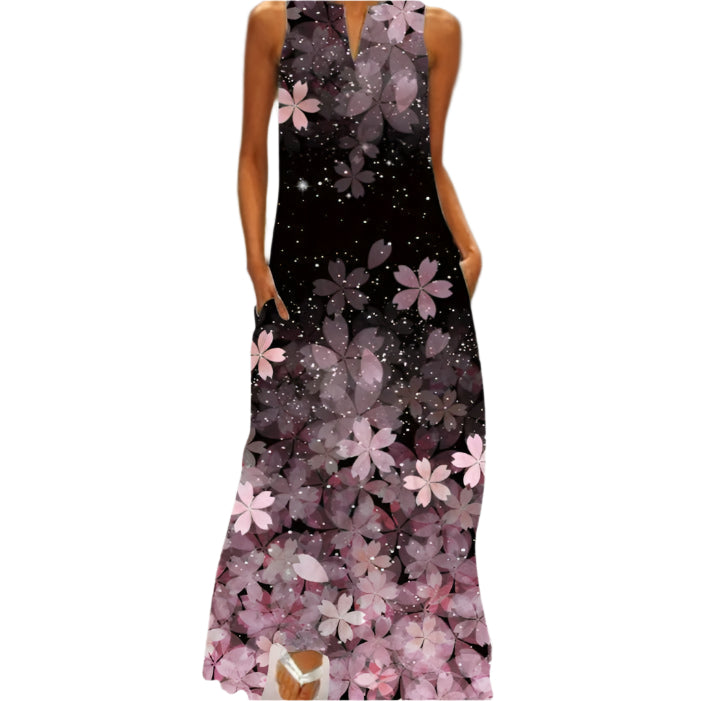 Elda - Sleeveless Floral Pattern Maxi Dress with Pockets