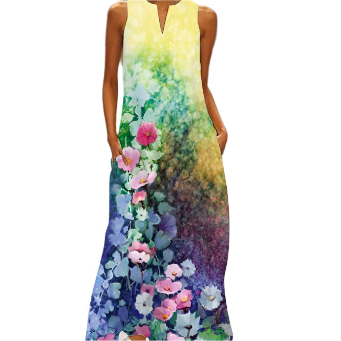 Elda - Sleeveless Floral Pattern Maxi Dress with Pockets