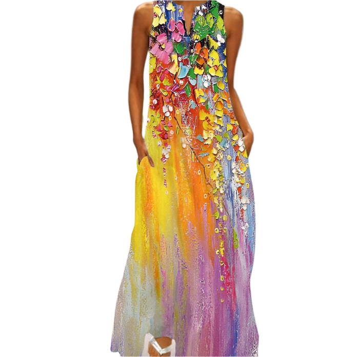 Elda - Sleeveless Floral Pattern Maxi Dress with Pockets